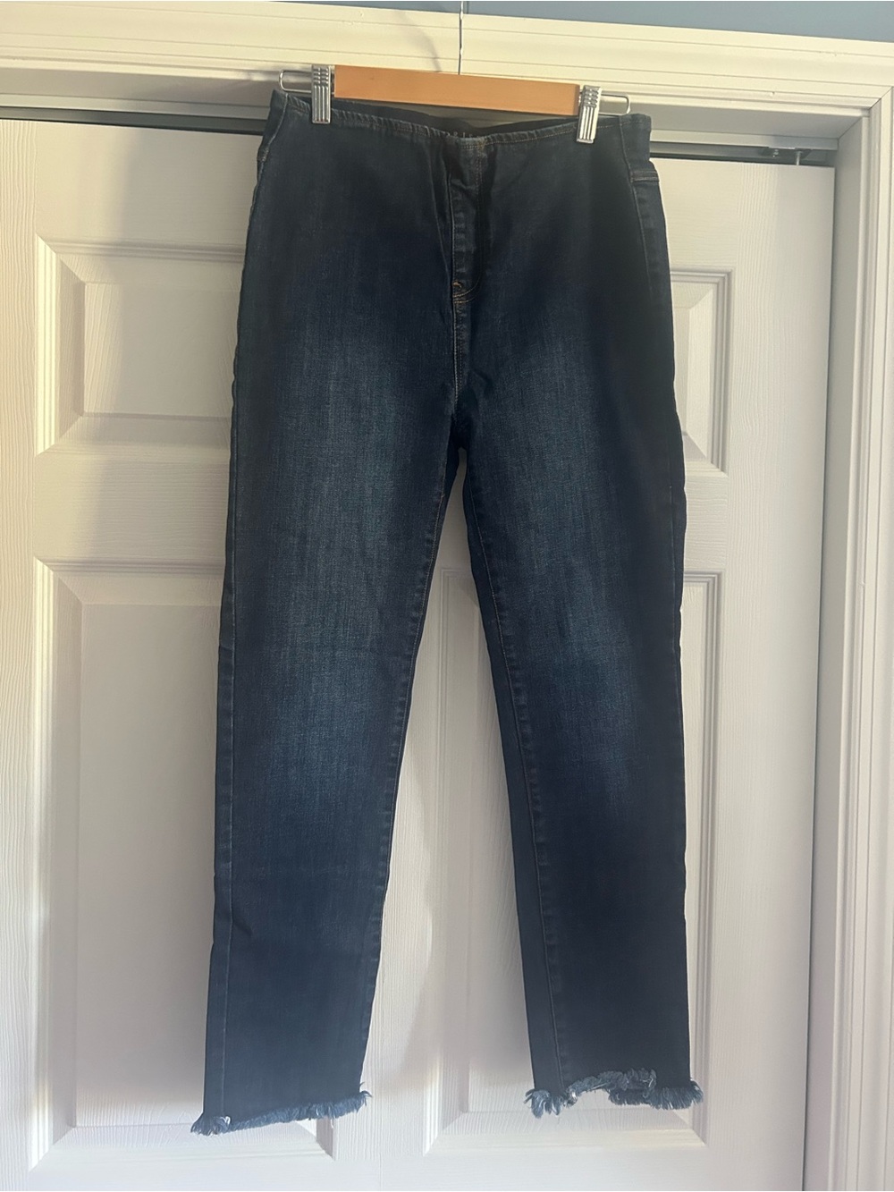 Pull on Dark denim Stretchy Jeans with Frayed Hem and elastic waistband!